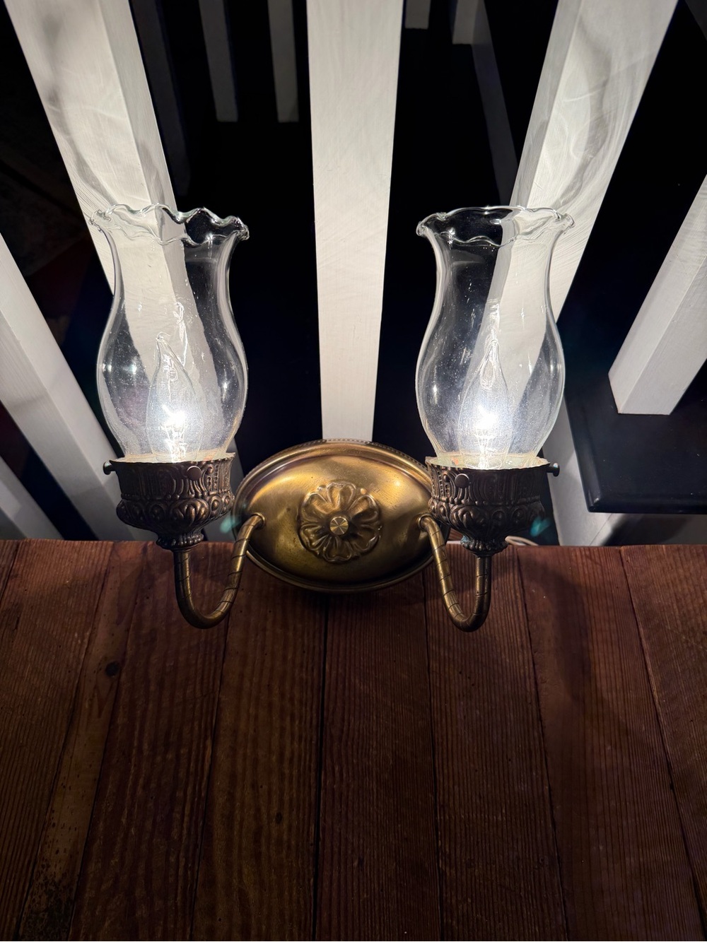 1973 Vintage Brass 2-Light Wall Sconce with Clear Ruffled Glass Shades